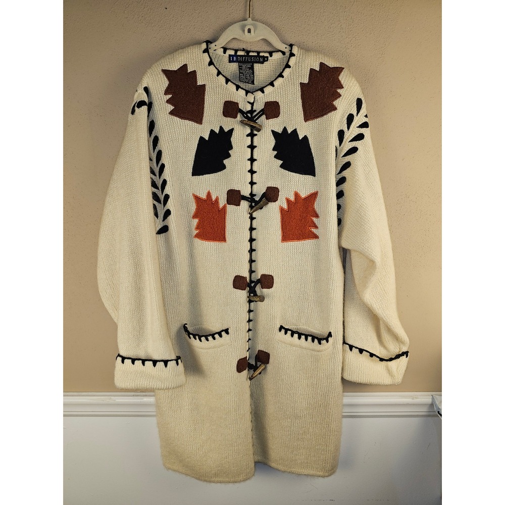 Vintage I.B. Diffusion Womens 1993 Mohair Wool Fall Leaf Cardigan Sweater Coat M